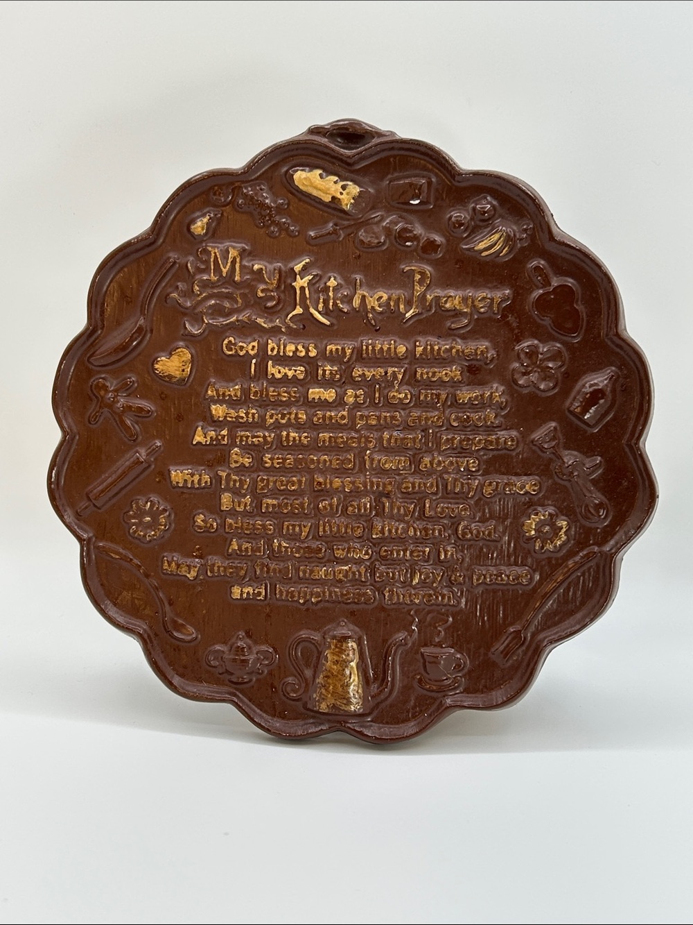 Vintage Kitchen Prayer Plaque Wall Decor Ceramic Decoration Brown Gold Farmhouse
